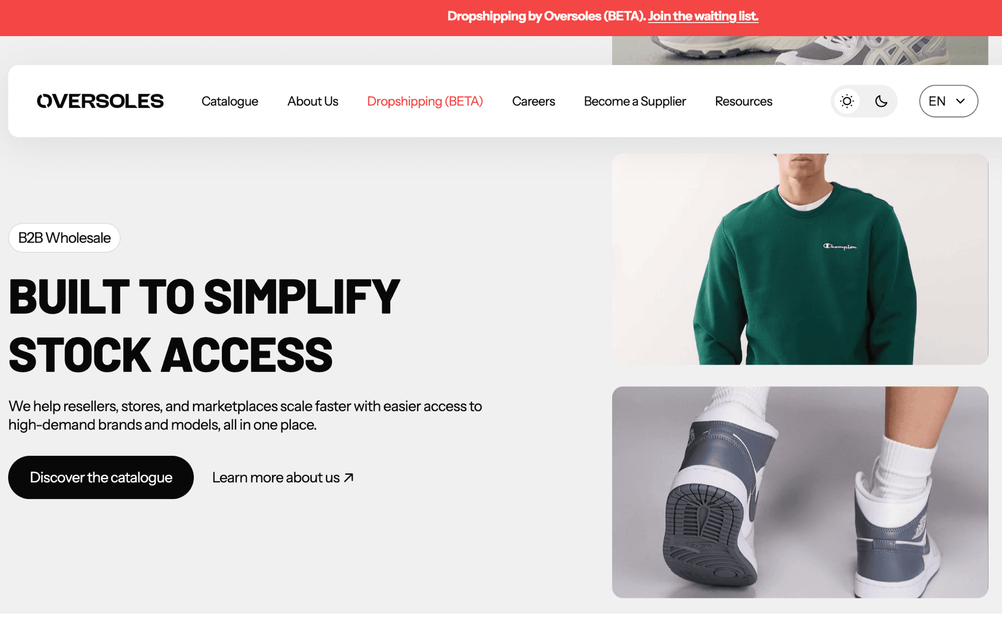 Website-ul Oversoles: platformă B2B wholesale pentru resellers și marketplaces