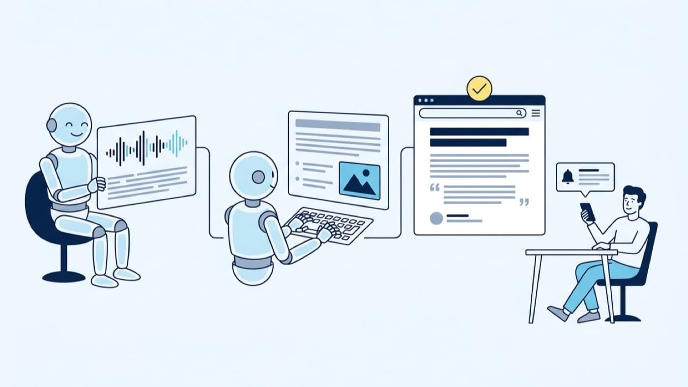 Trei scene legate: asistentul AI citește transcriptul ședinței, scrie articolul, iar articolul apare publicat pe site, în timp ce omul primește doar o notificare pe telefon.